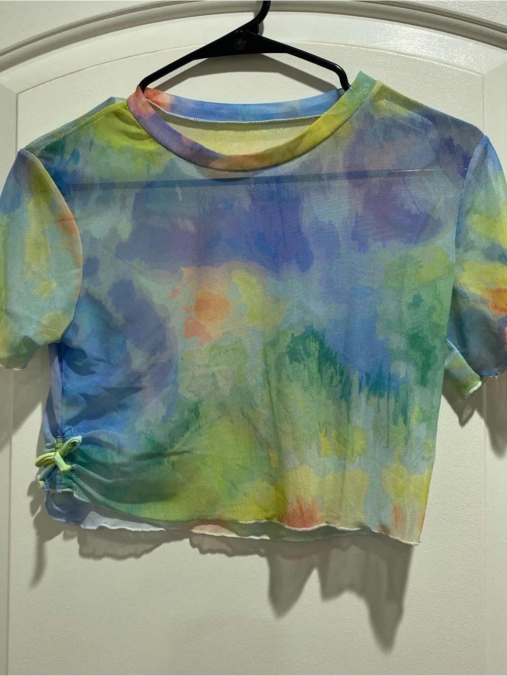 Crop Mesh Tie-Detailed Top in Multi Pastel Tie-Dye